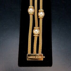 Anne Klein Bracelet Antiqued Gold Tone Mesh Faux Pearl Beads Magnetic Closure